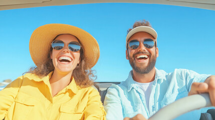 Obraz premium Happy couple laughing and singing in car during road trip. Family vacation concept.