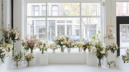 Floral Arrangement Display in a White Room with a Window View