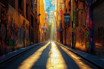 Fototapeta premium Sunbeams Illuminate a Graffiti-Covered Brick Alleyway