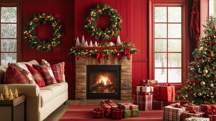 Obraz premium Warm glow of christmas, a festively decorated living room with crackling fireplace