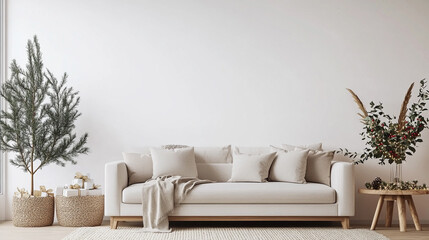 Cozy living room with a cream sofa, plants, and modern decor in neutral tones.