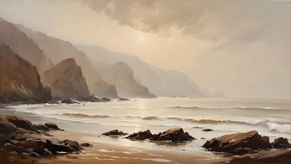 Obraz premium waves crashing on rocks, impressionist seascape in soft beige and grey serene and contemplative