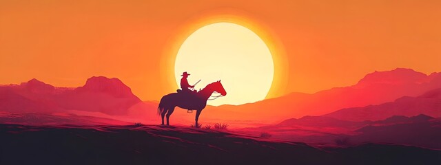 A flat vector illustration of a cowboy riding a horse in a desert landscape, with a sunset in the background