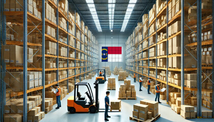 Obraz premium Workers and forklifts organize boxes in a large North Carolina warehouse, reflecting logistics, commerce, and efficient supply chain operations