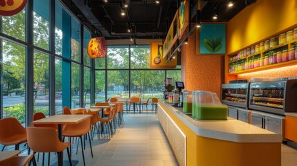 Modern cafe interior with orange chairs, counter, and greenery decorations