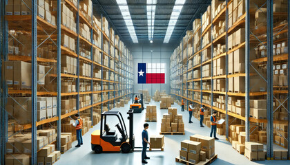 Obraz premium Workers and forklifts organize boxes in a large Texas warehouse, reflecting logistics, commerce, and efficient supply chain operations