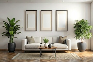 A contemporary living room showcasing blank frames and vibrant potted plants, creating a stylish space designed for displaying art elegantly and effortlessly.