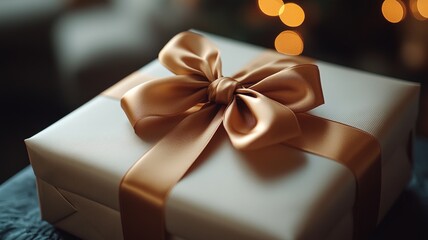 Elegant gift box, wrapped in smooth, matte paper with a satin ribbon tied in a perfect bow. satin bow against a sparkling bokeh light background, perfect for celebrations