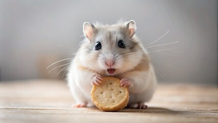 A cute hamster gently nibbles a biscuit in a tranquil, minimalist setting, highlighting the simple joy of small moments in nature's peaceful embrace.