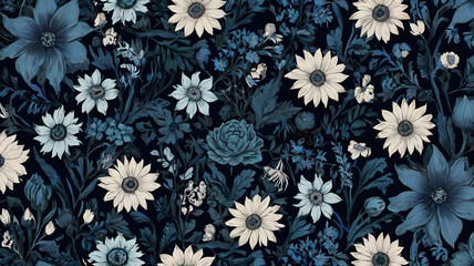Seamless floral pattern featuring a variety of flowers in soft blue tones, ideal for fabric design, wallpaper, or background applications