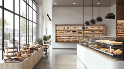 Modern Bakery Interior with Display Cases and Pastries
