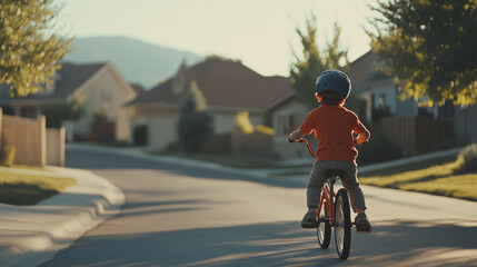 Naklejka premium Capturing the Joy of Childhood: A Young Biker's Adventure Through a Quiet Neighborhood on a Sunny Afternoon