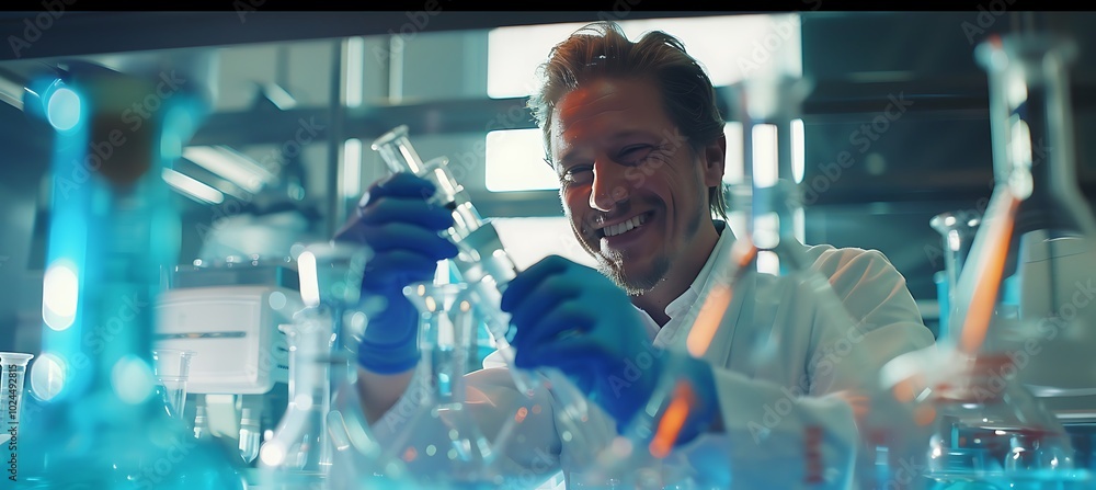Poster a researcher in a high-tech lab meticulously conducting experiments, pushing the boundaries of scien