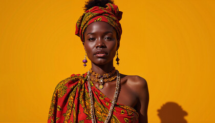 Obraz premium Woman in African attire with vibrant patterns and traditional headdress