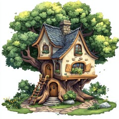 Charming Treehouse Illustration with Stone Path and Flowers