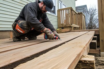 A worker kneeling on the ground, fastening a wooden plank to the structure of a deck