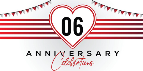 Happy 06th anniversary card vector template with lovely heart shape.	