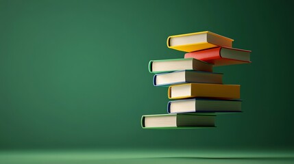 A stack of colorful books against a green background.