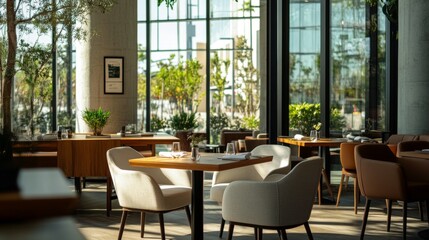 Fototapeta premium Modern Restaurant Interior with Wooden Tables and Chairs