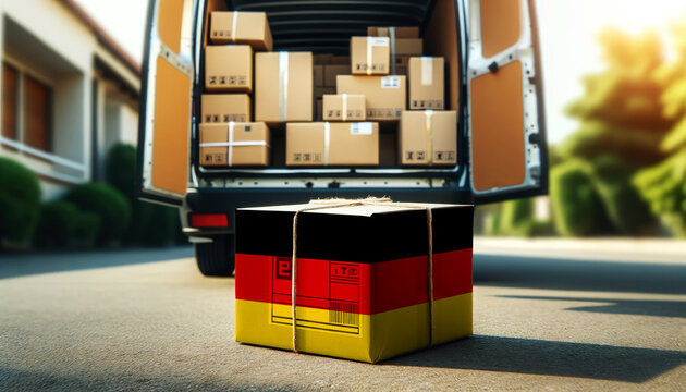A delivery van loaded with packages, featuring a box wrapped in the Germany flag. Symbolizes shipping, logistics, and global commerce