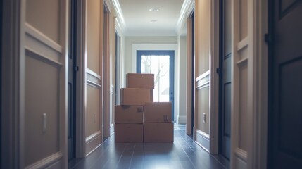 Cardboard Boxes Stacked in a Hallway with a Window and Doors