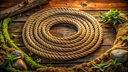 A natural backdrop showcases a rustic coil of rope, beautifully captured through architectural photography, highlighting the textures and tones in a harmonious composition.