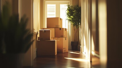Stacked Cardboard Boxes In A Sunlit Hallway