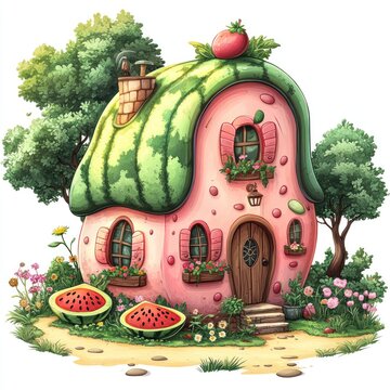 recommend clip art: Cute Cartoon Watermelon House Illustration