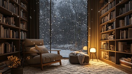 Cozy reading nook with a large window overlooking a snowy winter scene.
