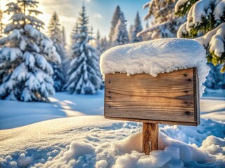 Naklejka premium A picturesque snowy landscape features a rustic wooden signboard, beautifully adorned in winter wonderland. Macro photography captures the serenity and delicate details of this enchanting scene.