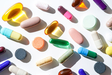 A lot of colorful medication pills capsules tablets softgel supplements, fish oil, vitamin, omega 3