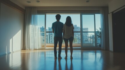 Silhouettes of a couple standing in an empty room facing a city view through a window