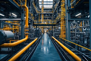 Fototapeta premium Industrial Interior with Yellow Pipes and Walkway