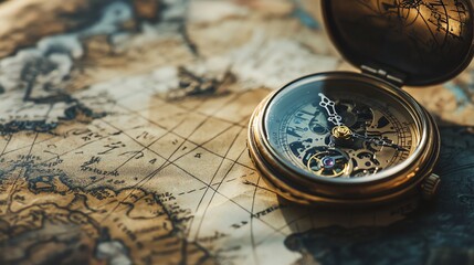 A vintage pocket watch lies open on an antique world map.