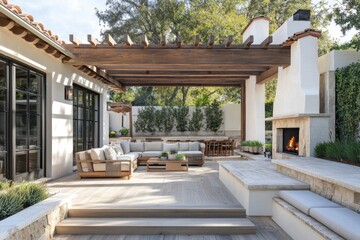 An elegant outdoor patio with light-colored wooden flooring and a cozy pergola