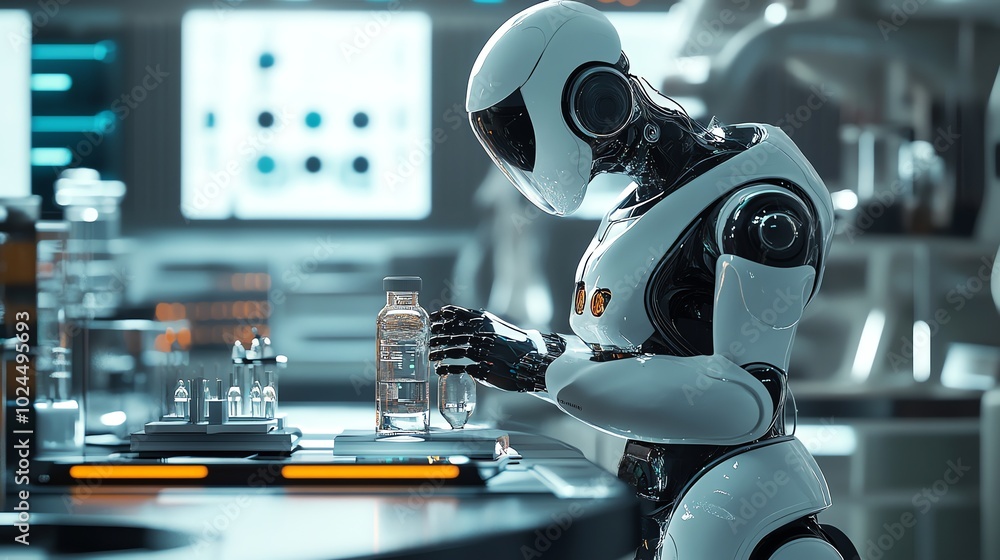 Poster a white robot in a laboratory setting is carefully pouring liquid from a bottle.