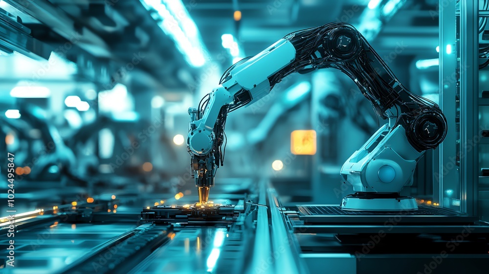 Aufkleber a robotic arm working on an assembly line in a factory.