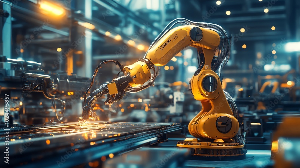 Poster a robotic arm working in a factory, sparks flying from its welding torch.