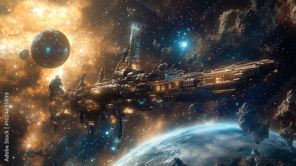 Poster a large, futuristic spaceship travels through a star-filled space, passing by planets and asteroids.