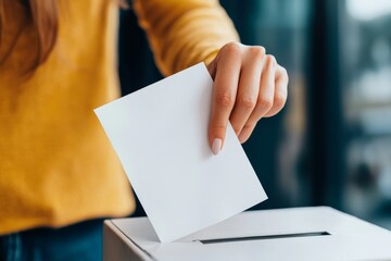 Vote. Young woman with Ballot paper in front of Voting box. Election. Voter Holds Envelope In Hand Above Vote Ballot On Blurred Background. Freedom Voter choice, election action. Democracy, civic duty