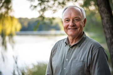 An older man stands outdoors by a peaceful lake, smiling warmly at the camera