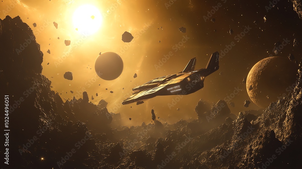 Poster spaceship flying through an asteroid field with a bright sun and planets in the background.