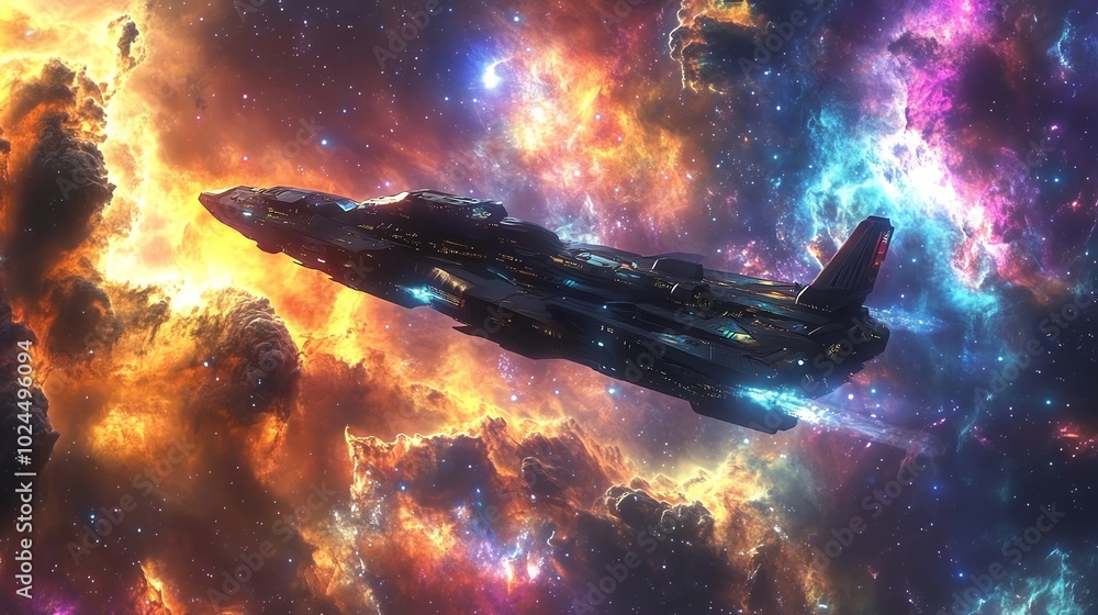 Poster a spaceship flies through a colorful nebula in space.