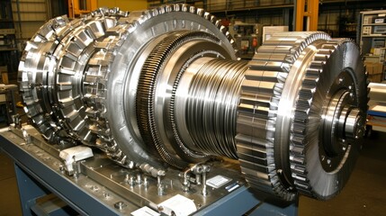 Fototapeta premium Intricate mechanics, closeup view of large gear wheel in an industrial machine