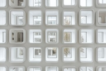 White Wall with a Grid of Rounded Square Windows Looking Out onto a City