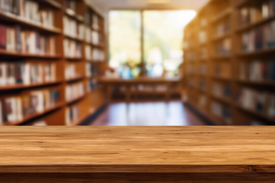 empty wooden table top blurred library or book store setting with books and reading material.Wooden tabletop over defocused bookcase background. product promotion in the library.