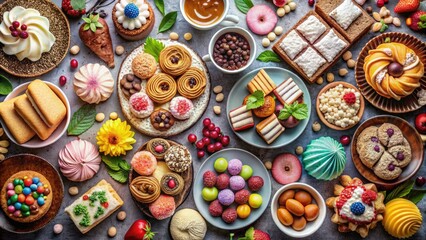 A stunning aerial shot captures an array of delectable desserts on a beautifully arranged table, perfect for sweet treat enthusiasts seeking mouthwatering delights.