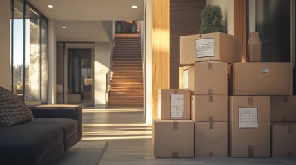 Stack of Cardboard Boxes in Modern Home Entrance