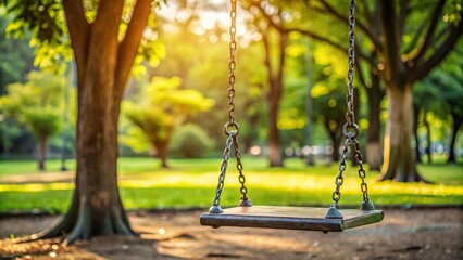Macro shot of a swing on a playground hanging from a tree branch