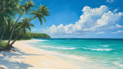 Idyllic tropical beach with swaying palm trees, white sand, and crystal-clear turquoise water.